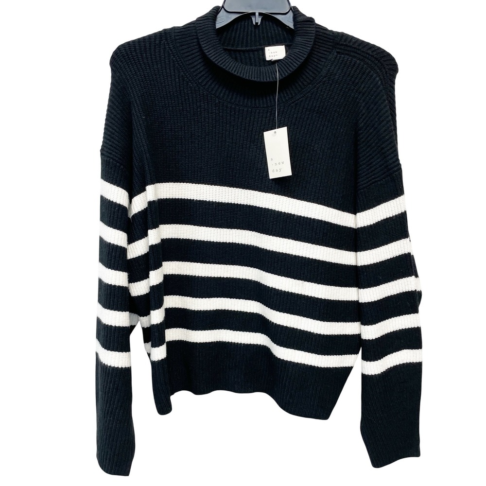 A New Day Women's Black Striped Mock Neck Ribbed Pullover Sweater Size XL